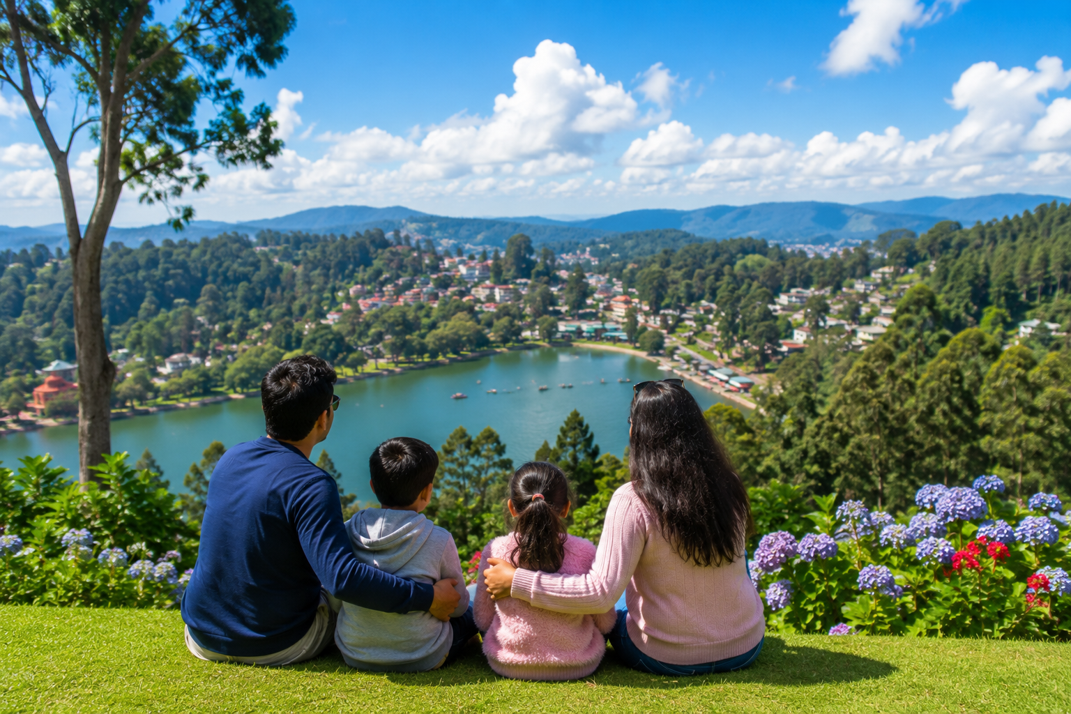 Ooty family tour package with green Nilgiri hills and lake